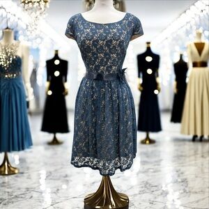 Pompous Girly Navy Crochet Cut Out Floral Overlay Dress